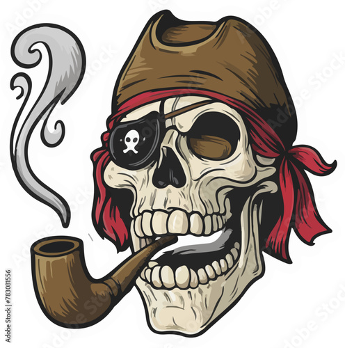 pirate skull puffing on a smoking pipe vector illustration in vintage style