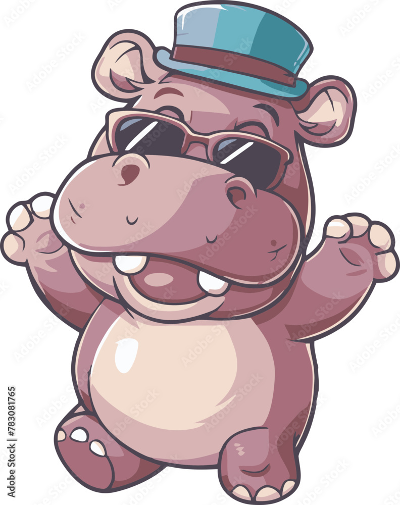 vector illustration of a cartoon hippopotamus dancing and wearing hat and sunglasses vector illustration of a cartoon hippopotamus dancing and wearing hat and sunglasses
