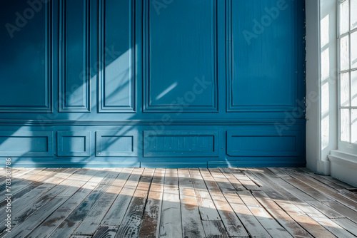 Blue Wall Magic: Captivating Indoor Scenes on Wooden Floors and White Panels photo