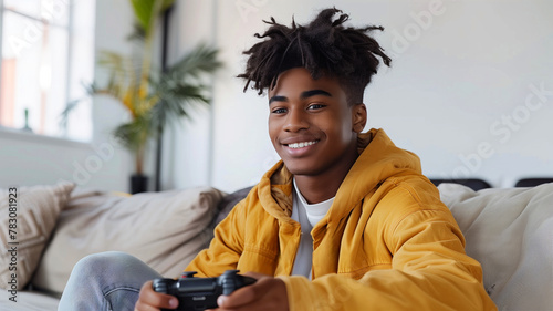 A young man in a yellow hoodie is smiling while holding a video game controller. 18 year old black boy, sitting couch in empty white room holding a gaming consol, awkward smile expression on his face photo