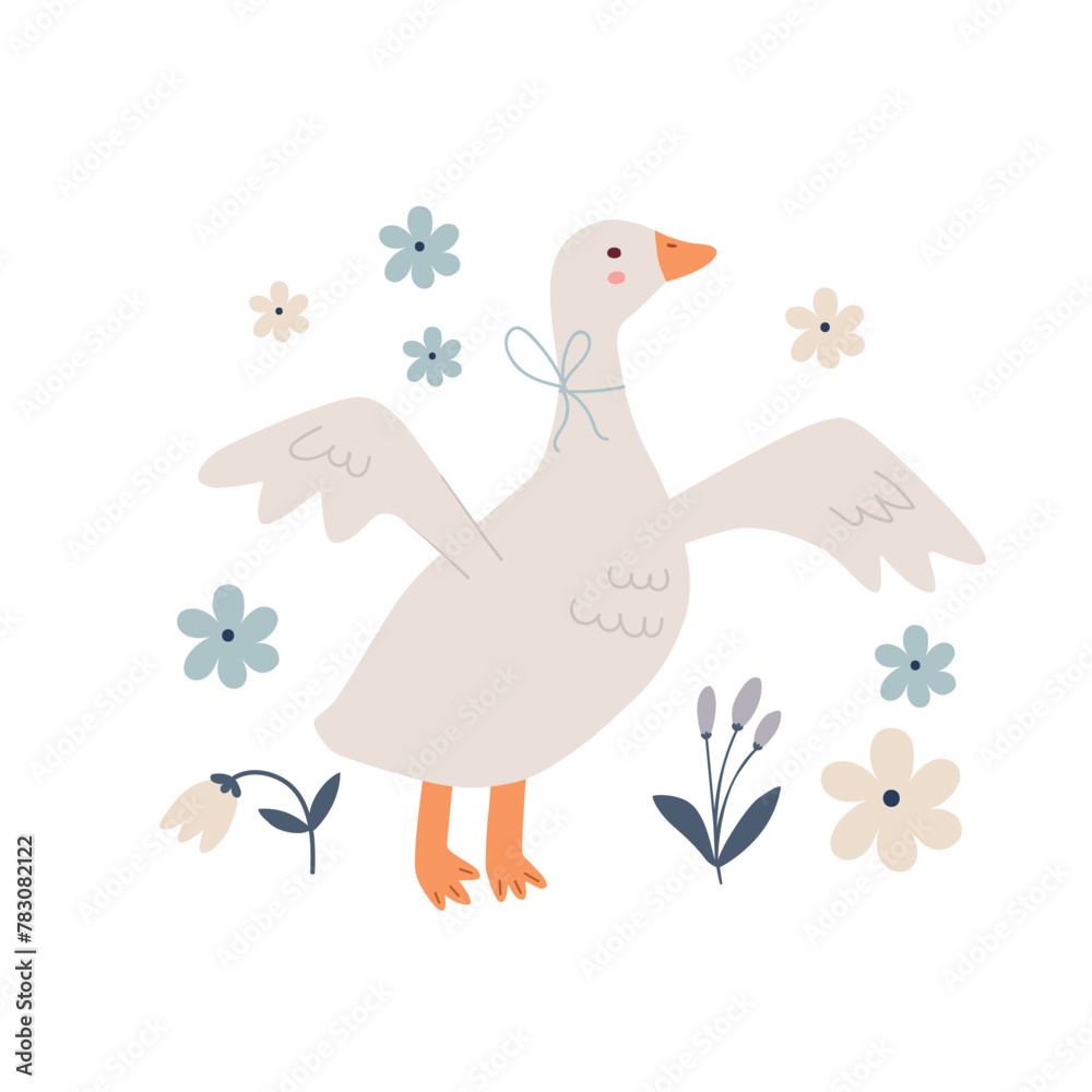 Happy Easter  card. Cute hand drawn Spring print with goose, flowers, leaves 