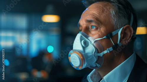 A man wearing a mask. Concept of seriousness, as the man is wearing a mask to protect himself from potential harm. man's gaze is focused and determined. a CEO breathing oxigen mask