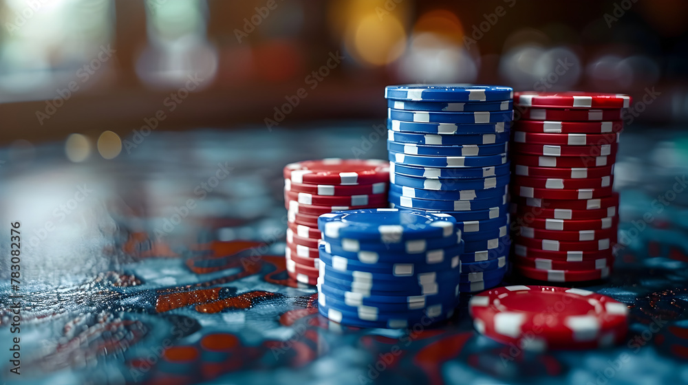Towering Blue and Red Poker Chips on Glossy Betting Table Signaling High Stakes Gambling Excitement and Potential Wealth