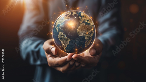 A person is holding a globe with a network of lines surrounding it. The globe is lit up with a blue and green color scheme