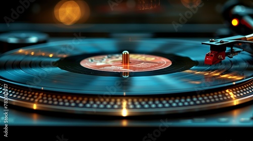 Close-up of turntable with vinyl record and stylus