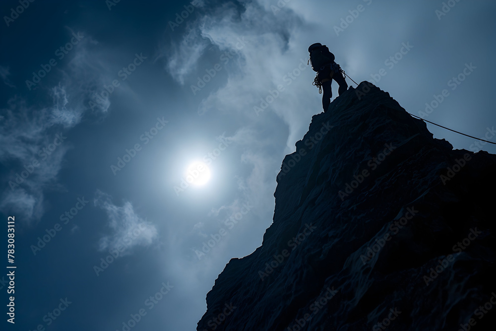silhouette of a climber at the top of the mountain, freedom