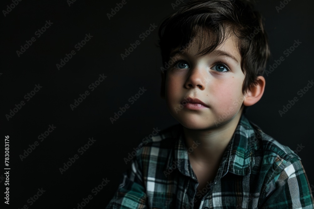 Portrait of a little boy in a plaid shirt on a dark background Portrait of a little boy in a plaid shirt on a dark background