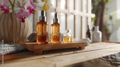 Spa room ambiance skin care serums amidst bottles, beauty with essential oils for face and body