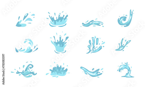 Cartoon blue dripping water drops, splashes, sprays and tears. Liquid flow, wave, stream and puddles. Nature water motion shapes vector set. Illustration of rain water drop, liquid splash vector flat