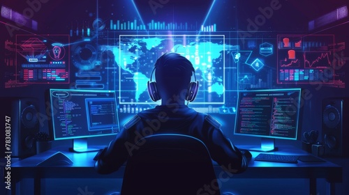 Man Working at Dual Monitor Computer Desk