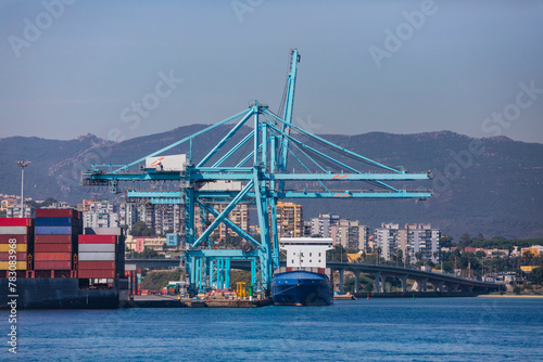 Canvas Print General view of indrustrial cargo freighter ship in the port of Algeciras