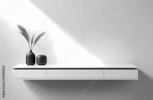 Beautiful monochromatic minimalist theme has a background of pure white color with floating podiums for shelves and with decorations in the form of jars and vases on them