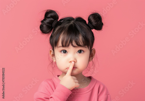 Cute little Asian girl wearing a pink sweater  shushing with her finger on her lips and making a HUSH gesture isolated over a pastel background.