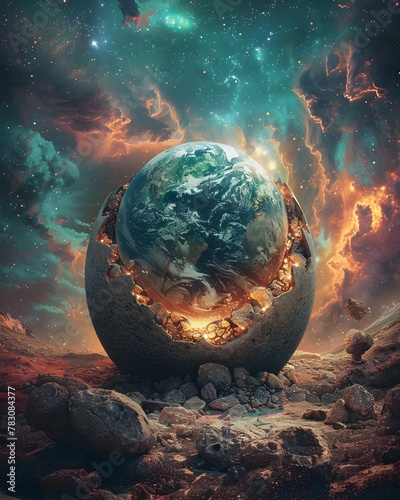 Cosmic Emergence:The Birth of a New World from an Ethereal Egg in a Captivating Celestial Backdrop
