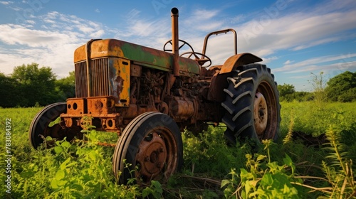 Rusty tractor idle in overgrown field under open sky photo