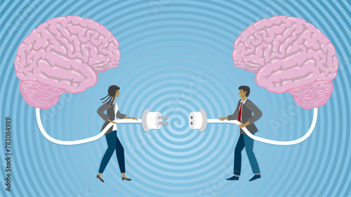 Brainstorming, woman and man connecting their brains. Dimension 16:9. Vector illustration. photo