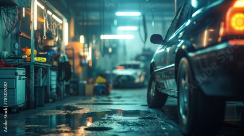 car repair in garage service station with soft-focus and over light in the background photo