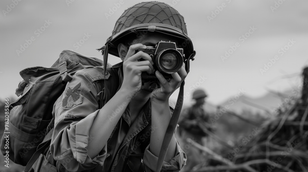 Black and white photo of a military person taking pictures with a professional camera Black and white photo of a military person taking pictures with a professional camera