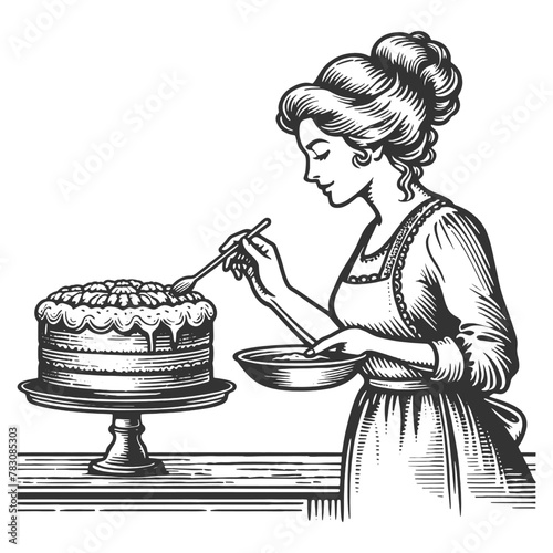 Woman confectioner cake baking hand-icing kitchen utensils and ingredients. Sketch line art engraving generative ai vector illustration. Scratch board imitation. Black and white image.