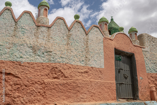 Ethiopia, East Hararghe, Harar, old walled city, small minarets on wall of mosque