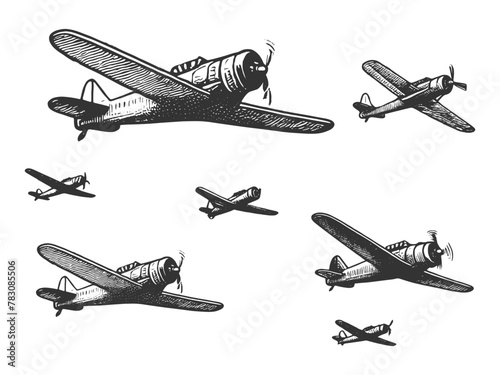 vintage propeller planes flying in formation sketch engraving generative ai vector illustration. Scratch board imitation. Black and white image.