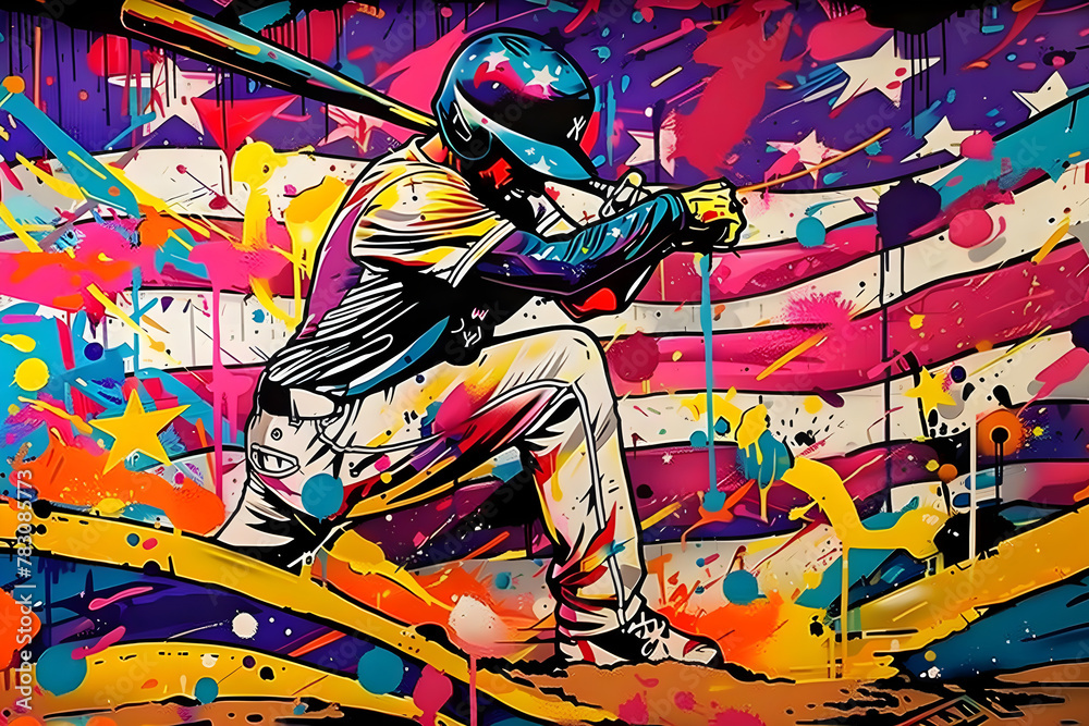 Naklejka premium graffiti na ścianie z baseballistą