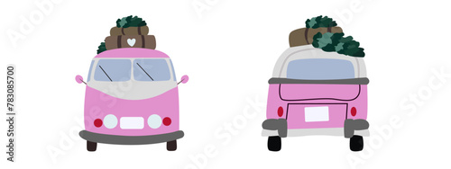 Travel cute cars vector icon isolated on white background. Summer car family travel. Tourist cartoon pink car in flat design, suitcases on the roof of the car