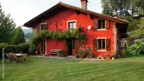 Traditional swiss country house  red farmhouse amidst green fields in switzerland photo