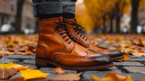 Stylish Wingtip Boots on Fall Themed Pathway with Autumnal Foliage photo