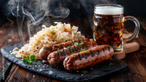 Hot Bratwurst with sauerkraut and mug of cold beer, on slate plate, isolated on dark background. Traditional Bavarian, German meal.