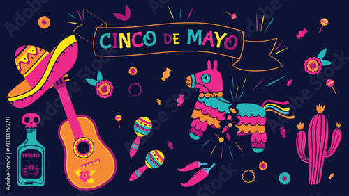 Beautiful vector illustration with a design for the Mexican holiday May 5, Cinco de Mayo. Vector template with piñata, tequila, sambrero, Mexican guitar, flowers, red pepper photo