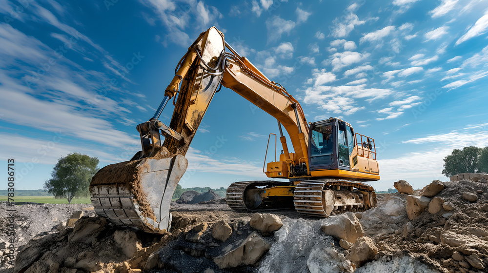 excavator loads the ground in the stone crusher machine during earthmoving works outdoors, Creative Banner. Copyspace image excavator loads the ground in the stone crusher machine during earthmoving works outdoors, Creative Banner. Copyspace image
