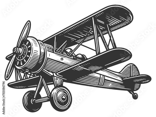 biplane vintage plane, reminiscent of early aviation history sketch engraving generative ai vector illustration. Scratch board imitation. Black and white image.
