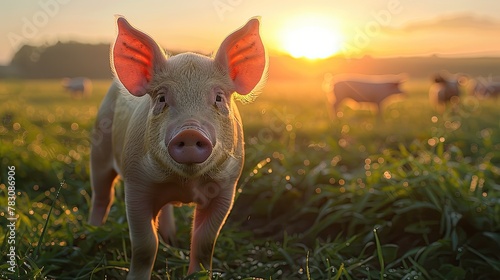 A young piglet stands in a dew-covered field as the sun rises, casting a warm glow over the peaceful farm scene.