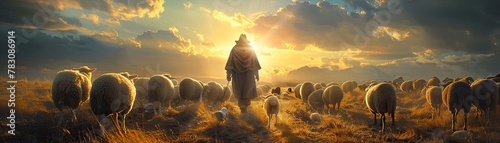 A lone shepherd stands among his flock of sheep on a grassy hill as the sunset casts a heavenly glow over the idyllic countryside.