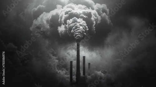 Concept of carbon emissions, represented by smoke billowing from factory chimneys