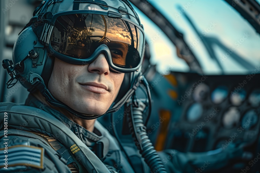 Pilot in cockpit with reflection in sunglasses Pilot in cockpit with reflection in sunglasses