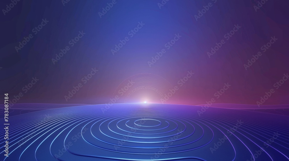 A gradient background with blue and purple tones, with an abstract line pattern at the bottom of the screen that forms a circle. The light shines behind the circular shape