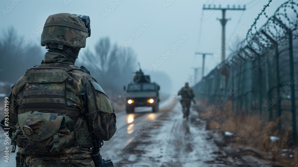 Soldier overlooking military convoy on foggy road