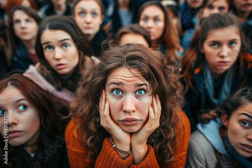Bored young woman among disinterested crowd