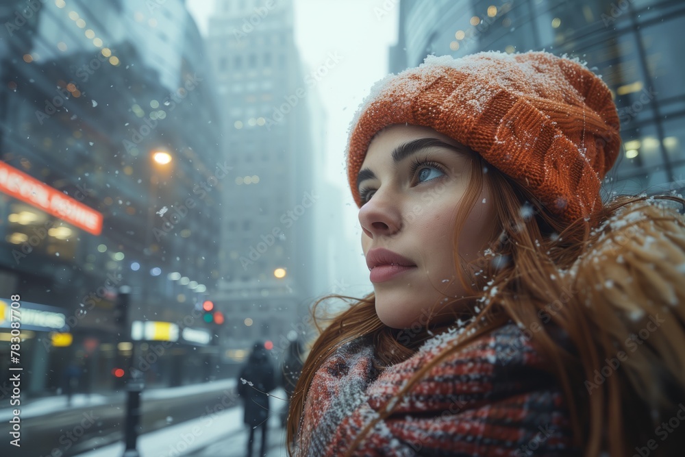 Woman looking up in snowy urban setting