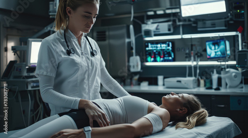 a woman lying on a table with her stomach up while the doctor caresses it and gently moves its muscles, showing playful energy as she wears casual in a bright medical office environment photo