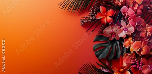 Traditional Indian floral cover. Garland of mango flowers and leaves. Beautiful orange background with space for text. Happy Diwali, Pongal or Gudi Padwa celebration. Decoration for wedding. photo