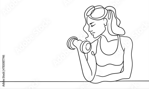 Girl with dumbbells isolated on white background. Fitness girl line art drawing. Vector illustration