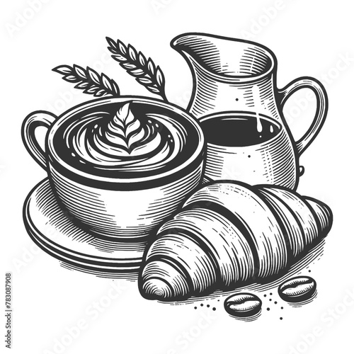 coffee cup with latte art jug of milk, and a fresh croissant, perfect for a morning breakfast theme sketch engraving generative ai vector illustration. Scratch board imitation. Black and white image.