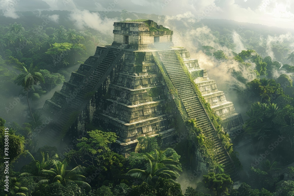 A lush green jungle with a large pyramid in the middle. The pyramid is covered in vines and moss, giving it an ancient and mysterious appearance. The sky is cloudy, adding a sense of mystery - obrazy, fototapety, plakaty 