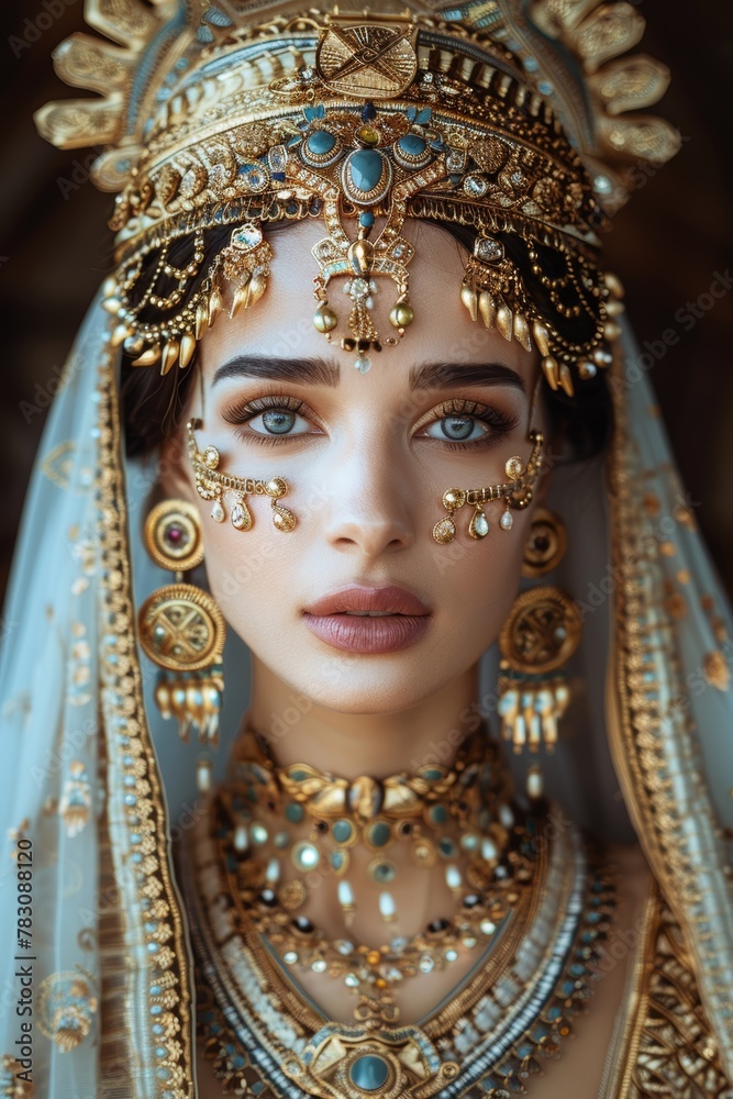 A woman wearing a gold and blue headdress and gold and blue jewelry. She has blue eyes and a pale complexion