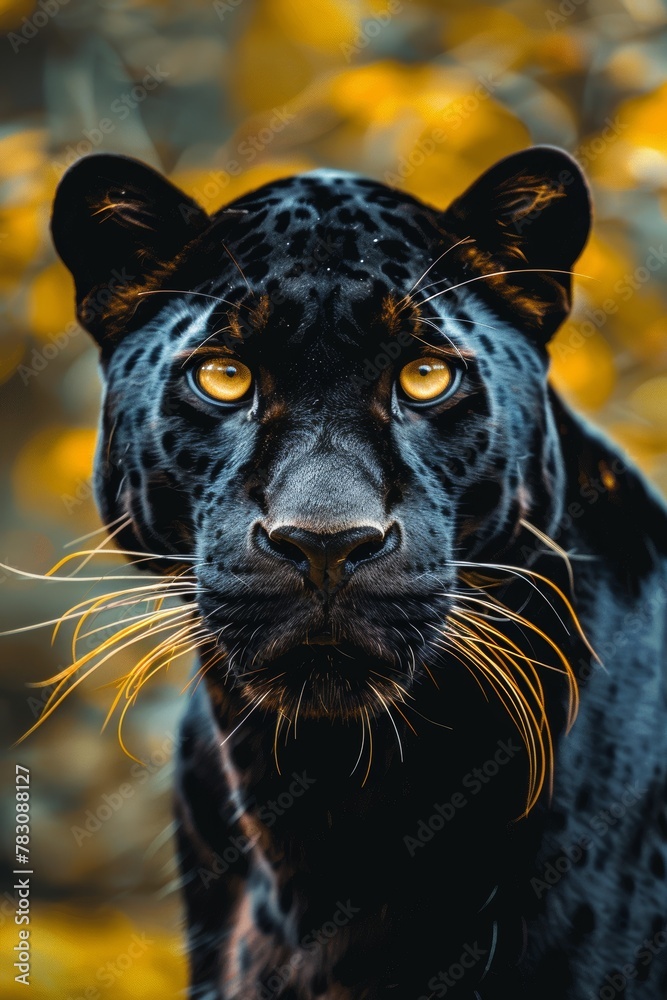 A black panther with yellow eyes stares at the camera. The image has a mood of intensity and focus, as the panther's gaze is directed straight ahead