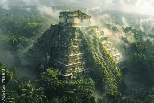 A lush green jungle with a large pyramid in the middle. The pyramid is covered in vines and moss, giving it an ancient and mysterious appearance. The sky is cloudy, adding a sense of mystery