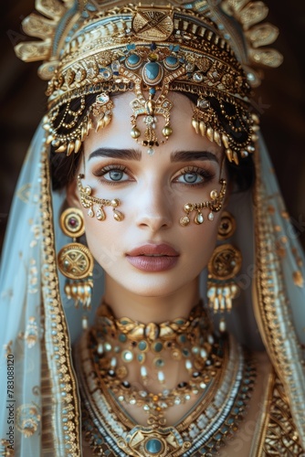 A woman wearing a gold and blue headdress and gold and blue jewelry. She has blue eyes and a pale complexion